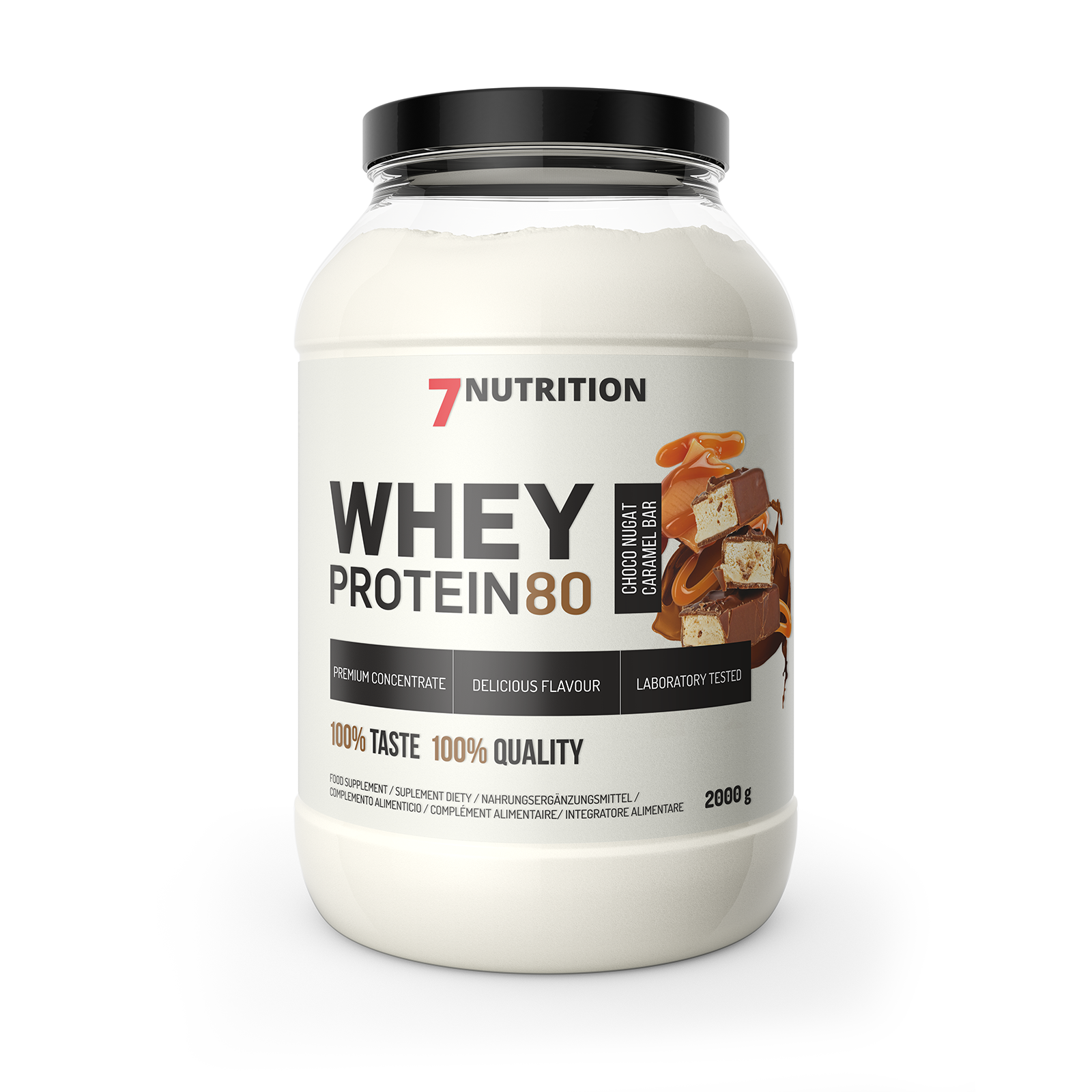 Whey Protein 80 Choco-Nugat Caramel Bar, Dose 2000 g mit 7Nutrition-Etikett