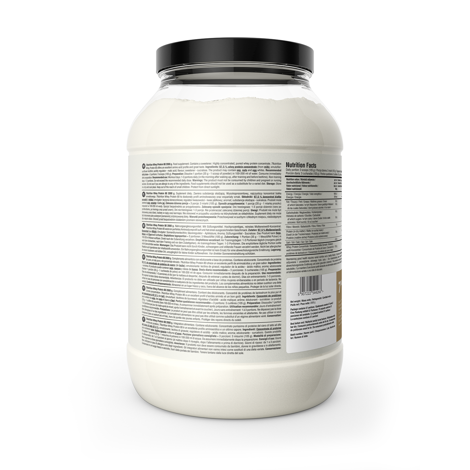 Whey Protein 80 Cappuccino tub: ingredient and nutrition label, 2000 g