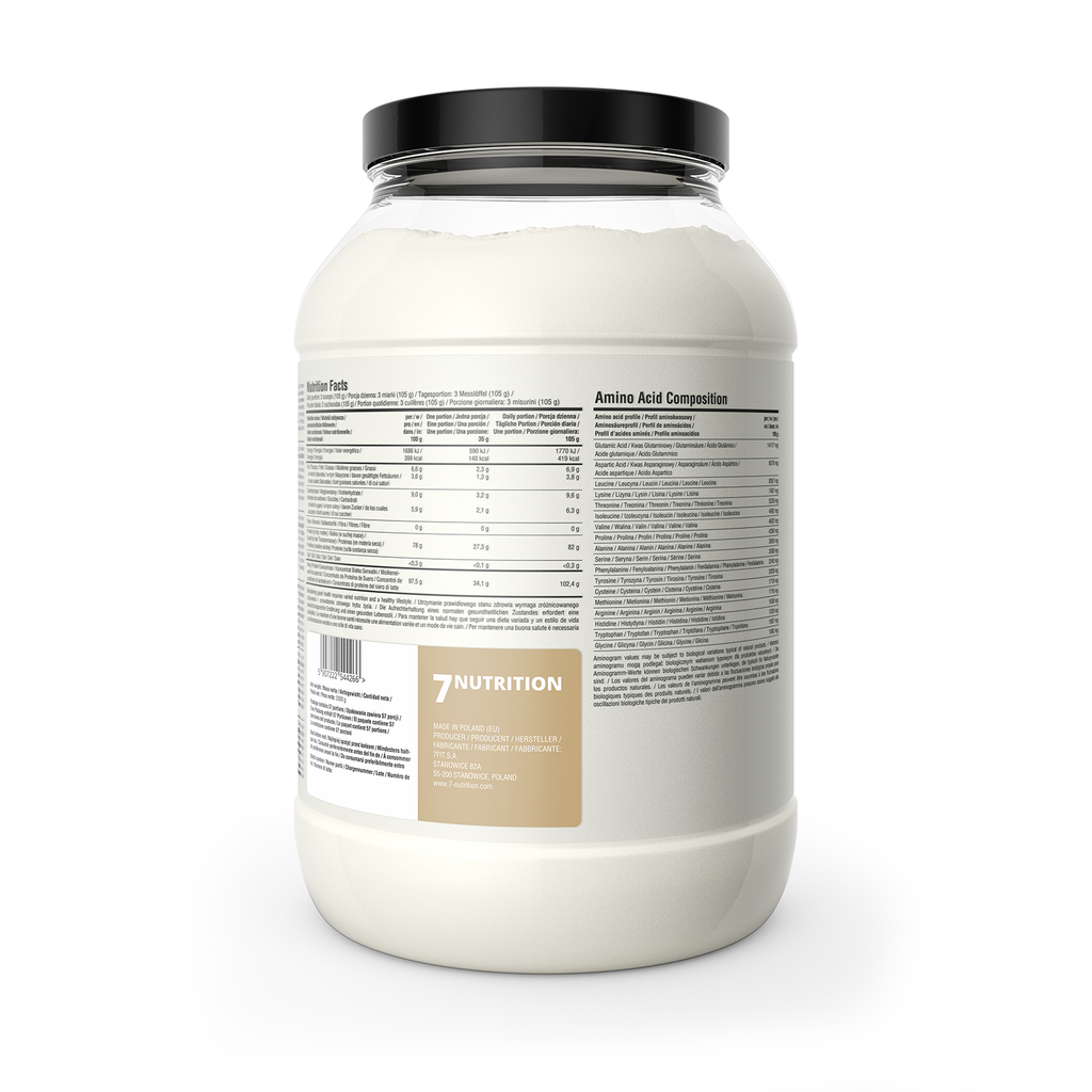 Whey Protein 80 Cappuccino tub: nutrition and amino acid panels, 2000 g