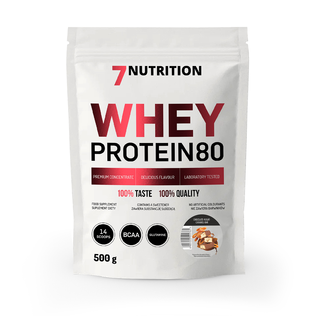Whey-Protein 80 500 g Beutel mit Aufdruck 7 NUTRITION und Schoko-Nuss
