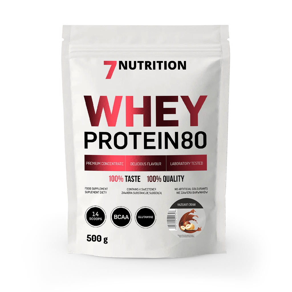Molkenprotein-80-Beutel, Vorderseite mit 7NUTRITION-Logo und Haselnuss-Icon, 500 g