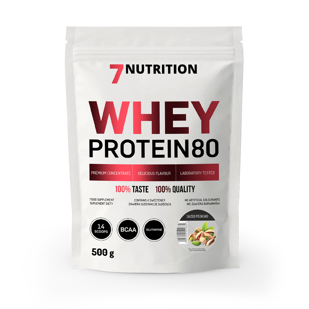 Whey-Proteinbeutel 80 mit Pistaziengeschmack, 500 g, Vorderseite