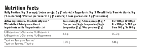 Nutrition facts: 5 g per serving, lemon flavour, glutamine and taurine