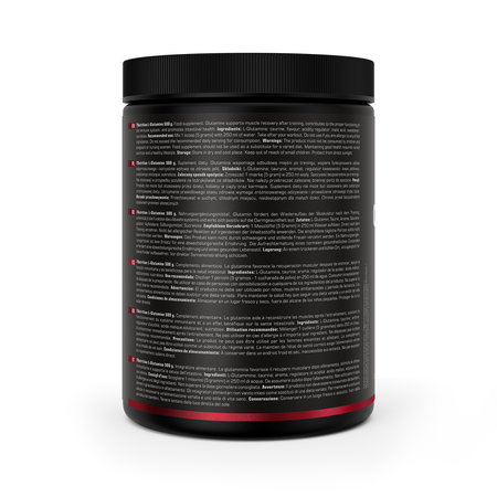 Glutamine supplement tub back label with usage directions and ingredients list