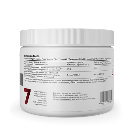 7Nutrition AAKG 250 g Rückseite mit Nährwerttabelle und Barcode