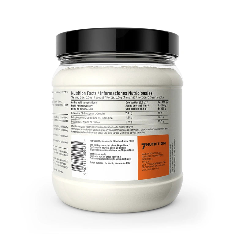 BCAA Perfect Pulverdose mit Nährwerttabelle auf dem Etikett und schwarzem Deckel
