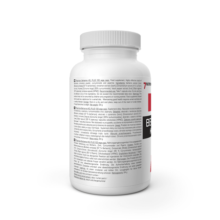 7Nutrition Berberine HCL Plus Kapselglas mit Zutaten- und Inhaltsangaben auf der Rückseite