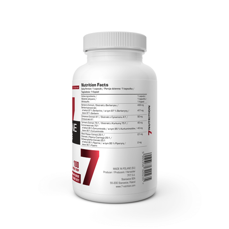 7Nutrition Berberine HCL Plus Kapselglas mit Nährwerttabelle auf der Rückseite