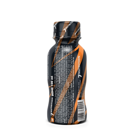Energy Drink Flasche 100 ml, schwarze Rückseite mit Zutatenliste und Barcode