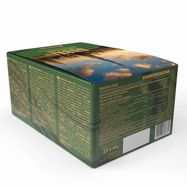 Pistazienriegel Kartonpackung, grün bedruckt, Rückseite mit Nährwertangaben