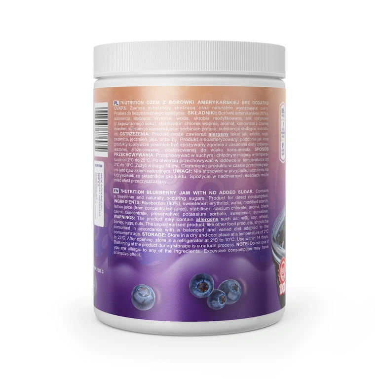 Blaubeermarmelade-Glas mit Rückseitenetikett und violettem Design, 1000 g