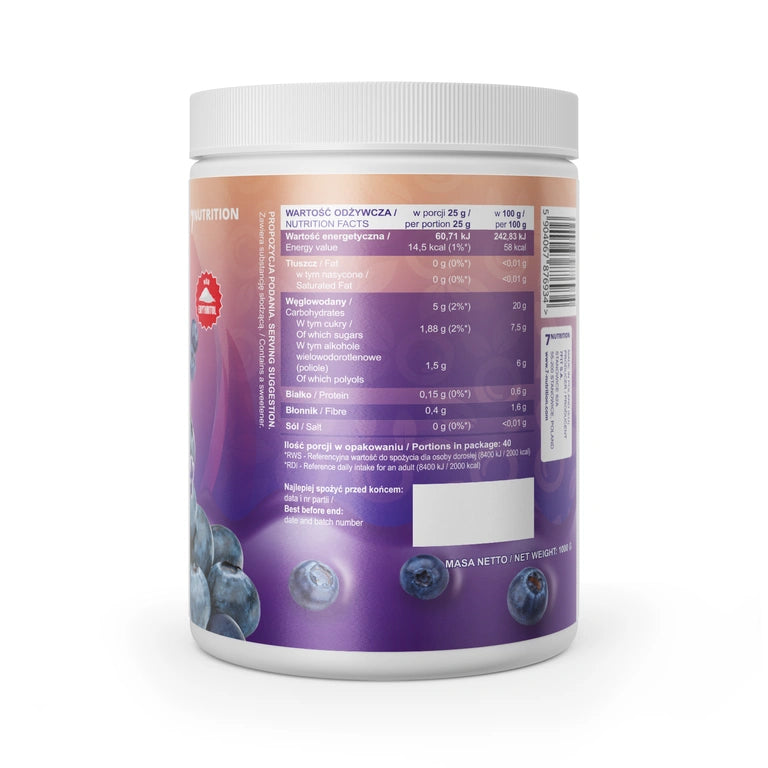Blaubeermarmelade-Glas mit Nährwertangaben auf Etikett, violett, 1000 g