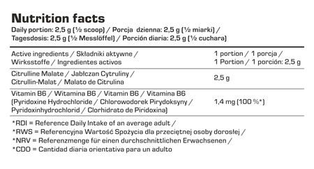 Nährwerttabelle: Citrulline Malate 2,5 g und Vitamin B6 in einer Portion
