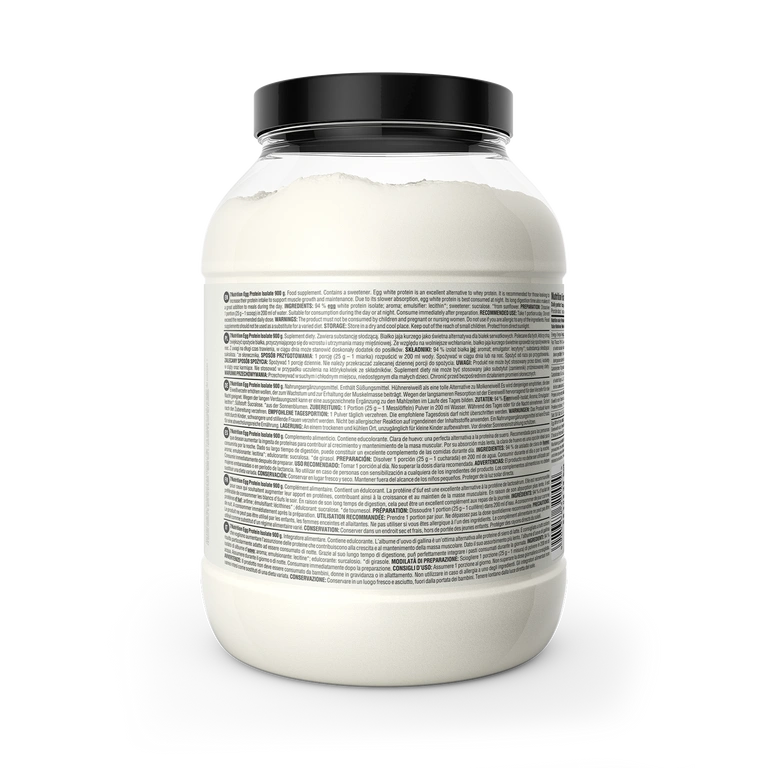 Eiprotein-Isolat 900 g im Glas mit Rückseiten-Hinweisen und Inhaltsangaben