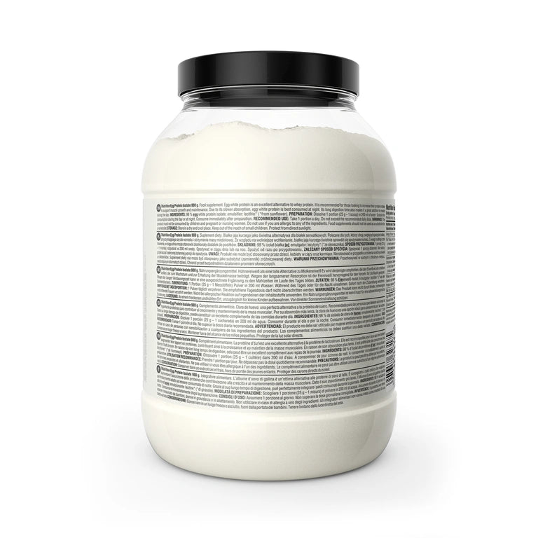 Ei-Protein-Isolat in Dose, Rückansicht mit Textfeld und Hinweisen