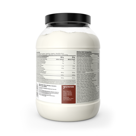 Proteína de huevo aislada, etiqueta trasera con tabla nutricional en bote blanco