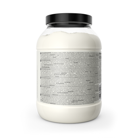 Proteína de huevo aislada, panel posterior con ingredientes y texto pequeño en bote