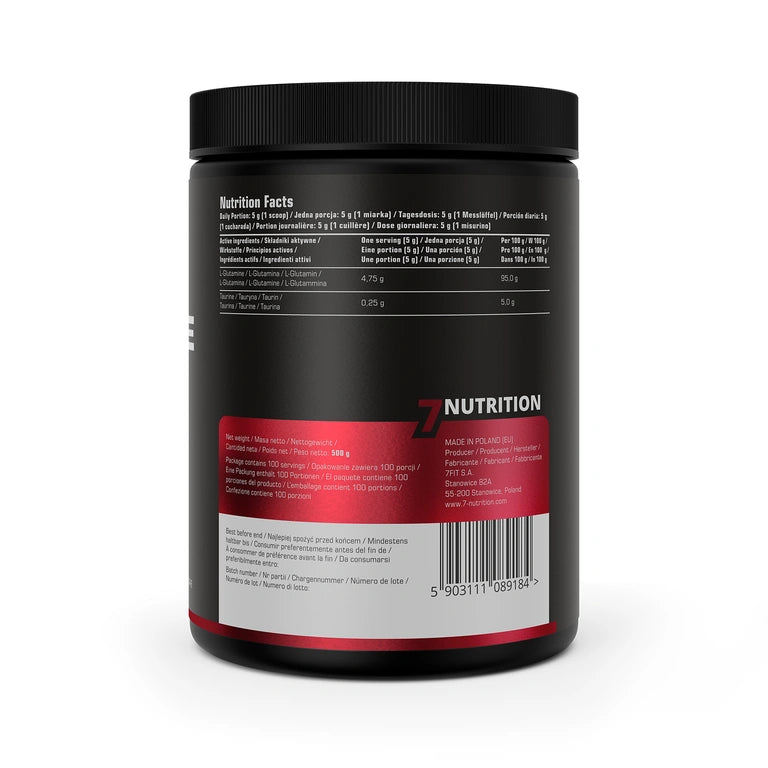 Rückseite der Glutamin-Dose mit Nährwertangaben und Barcode