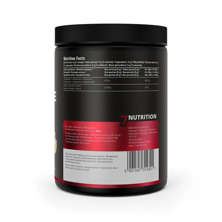 Seitenansicht der Glutamin-Dose mit Nährwerttabelle und Barcode