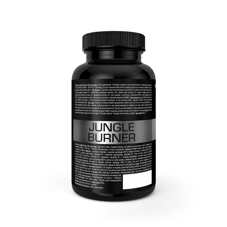 Nahrungsergänzungskapseln Jungle Burner: schwarze Dose, Rückseite mit Inhaltsangaben