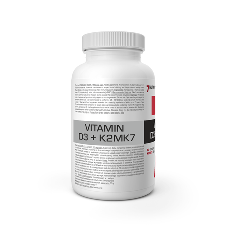 Vitamin D3 + K2MK7 Kapsel-Dose, Rückseite mit Inhaltsangaben auf Etikett