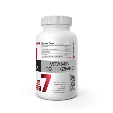 Vitamin D3 + K2MK7 Kapsel-Dose, seitliche Ansicht mit Nährwertangaben
