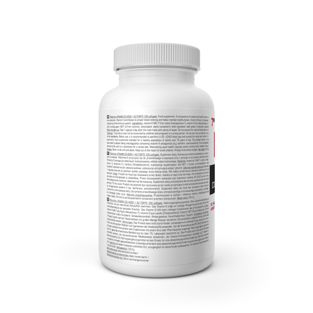 Vitamin-D3-K2-Kapsel-Dose, Seitenansicht mit Inhaltsangaben auf Etikett