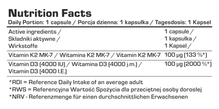 Etikettabschnitt mit kleinem Text und Inhaltsangaben zu Vitamin-D3+K2