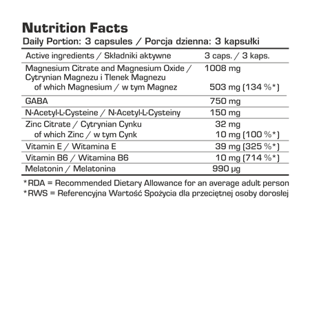Nahrungsergänzungskapseln: Tabelle der Nutrition Facts mit Nährstoffen und Mengenangaben