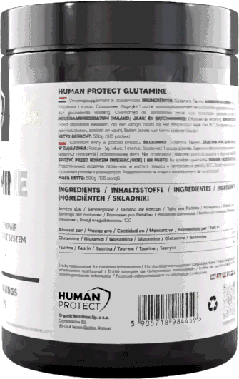 Glutamine supplement jar back label with ingredients, servings and barcode