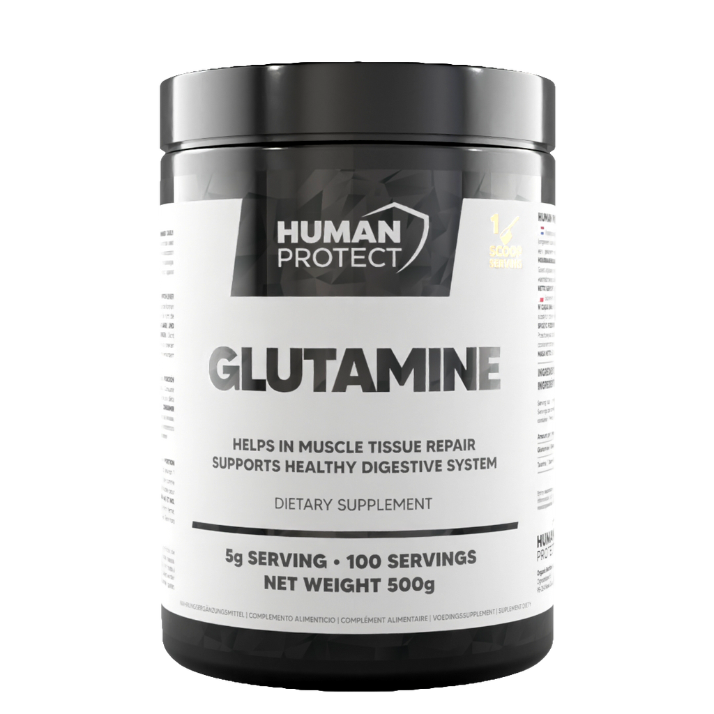 Glutamin-Dose 500 g mit Frontaufdruck „GLUTAMINE“ und Portionsangaben