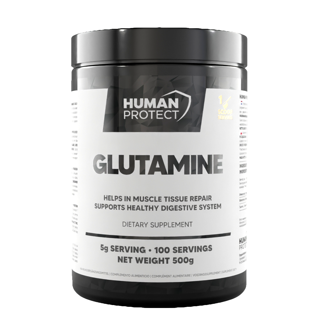 Glutamine supplement jar front label, dietary supplement, net weight 500 g
