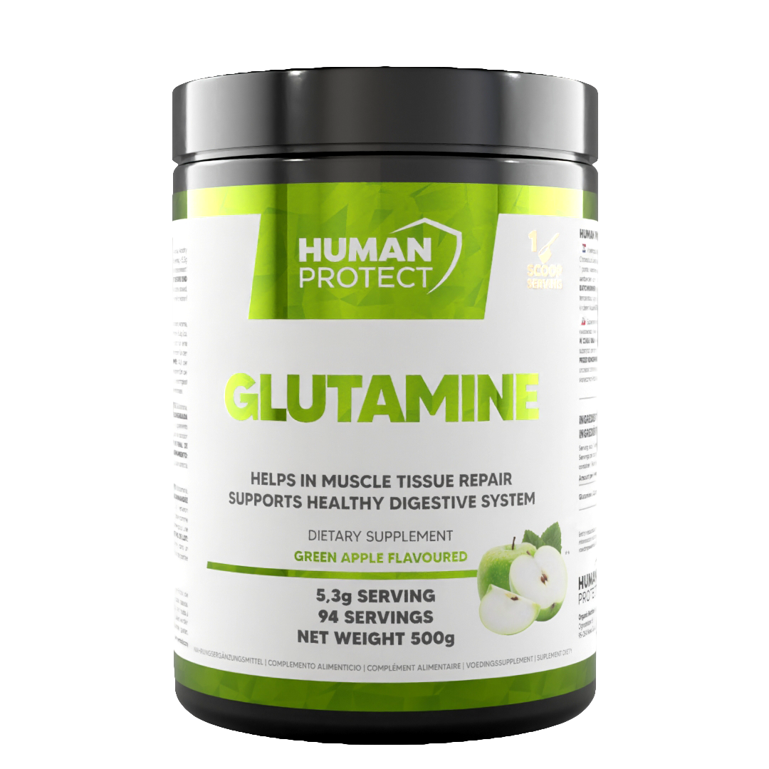 Human Protect Glutamine 500g, green apple flavored powder supplement front label