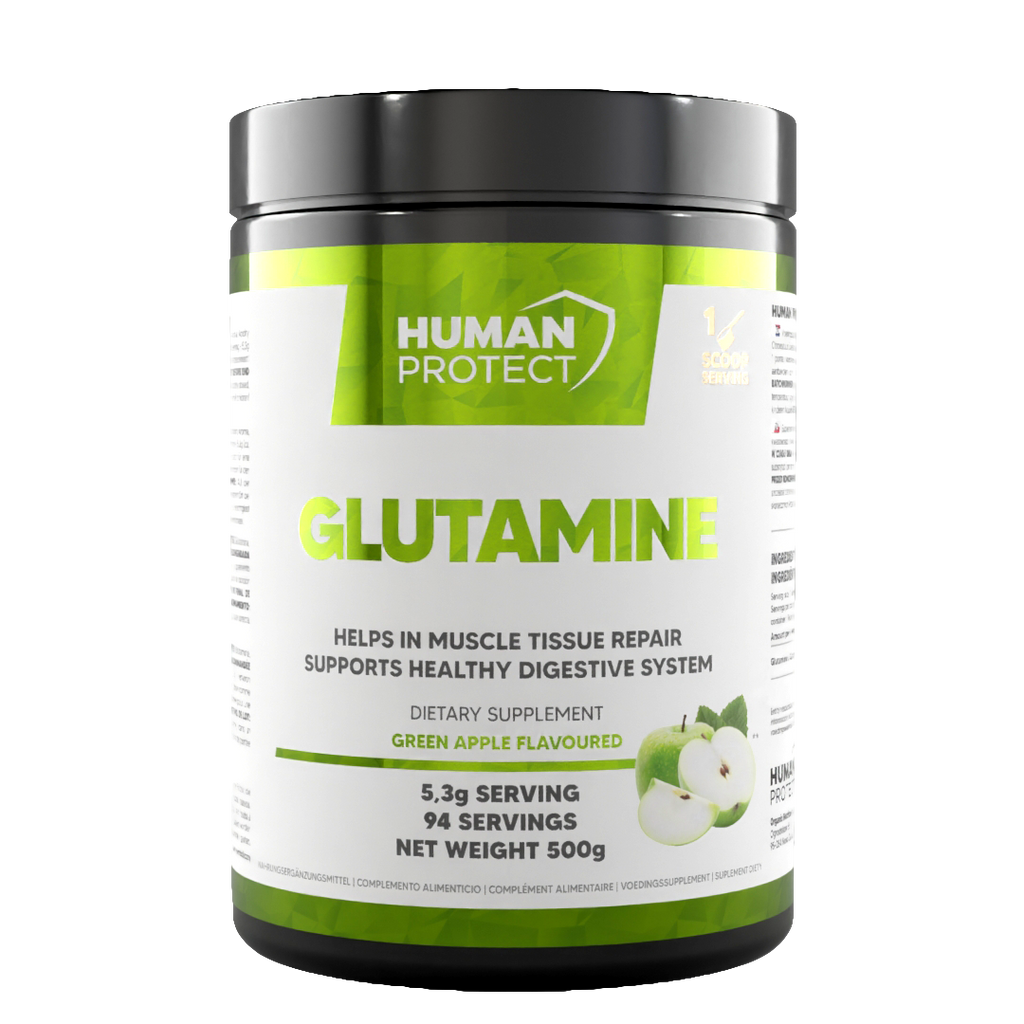 Human Protect Glutamine tub front label, green apple flavored, 500 g
