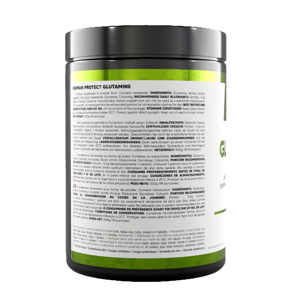 Human Protect Glutamine 500g back label with directions and nutrition info