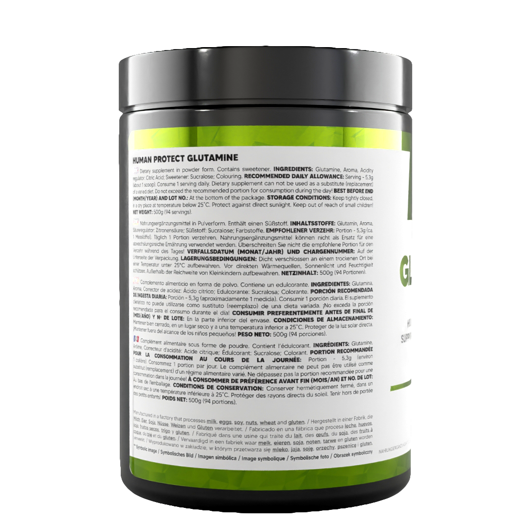 Glutamine supplement jar back panel with serving info and directions