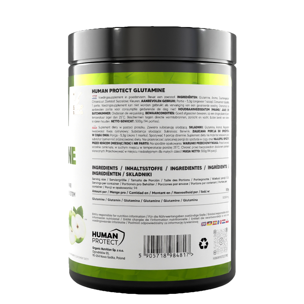 Glutamine 500g back label showing ingredients panel and barcode