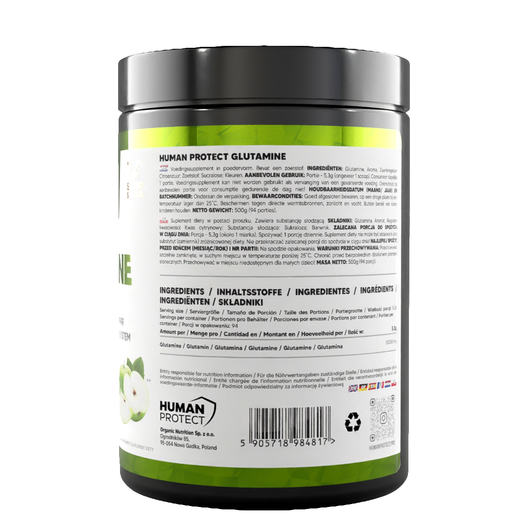 Glutamine 500g back label showing ingredients panel and barcode