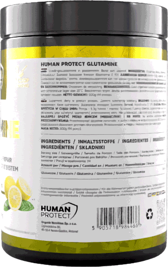 Human Protect Glutamin-Dose, Rückseite mit Inhaltsstoffen und Nährwertangaben, 500 g
