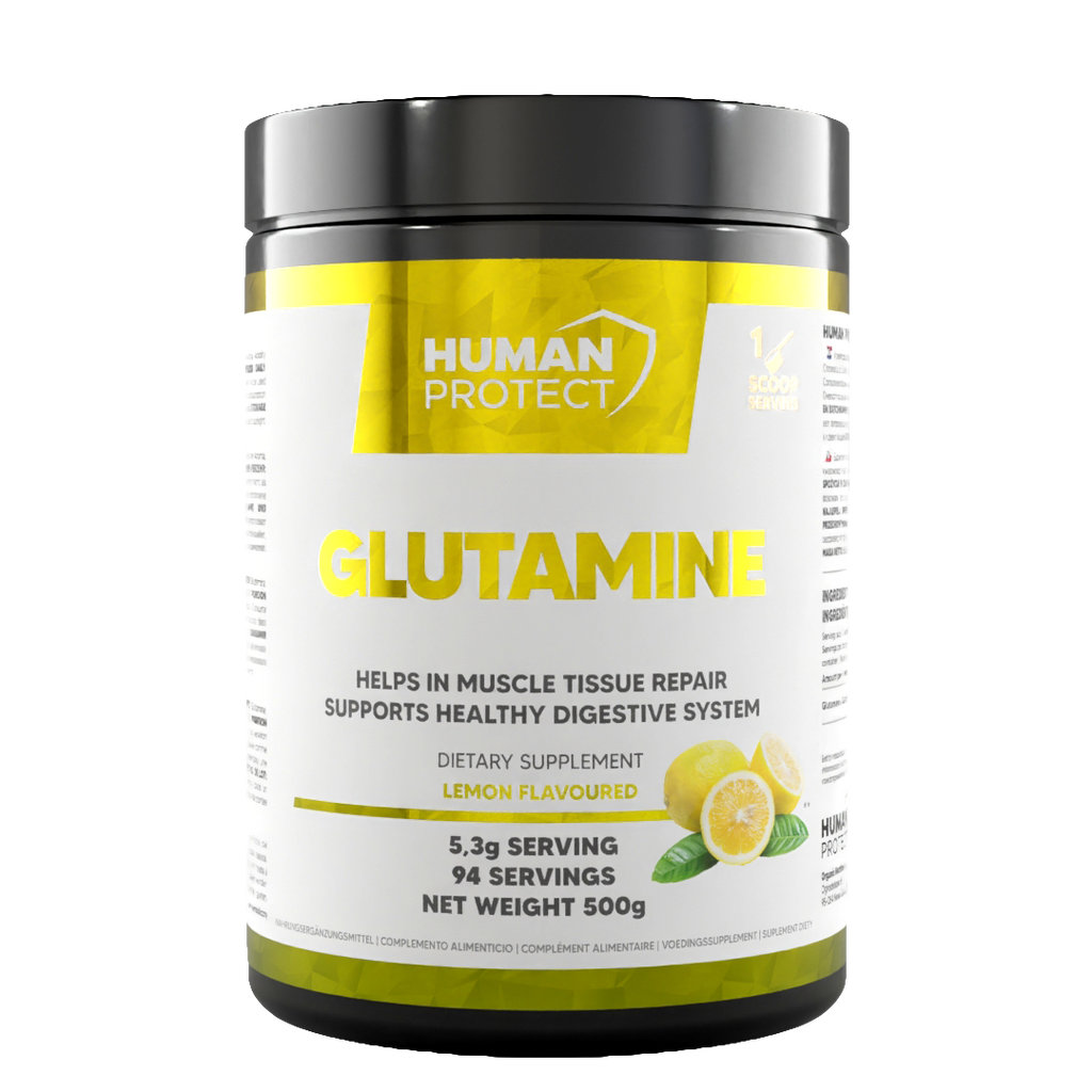 Glutamin-Dose 500 g mit Aufdruck „GLUTAMINE“ und Zitronen-Aroma
