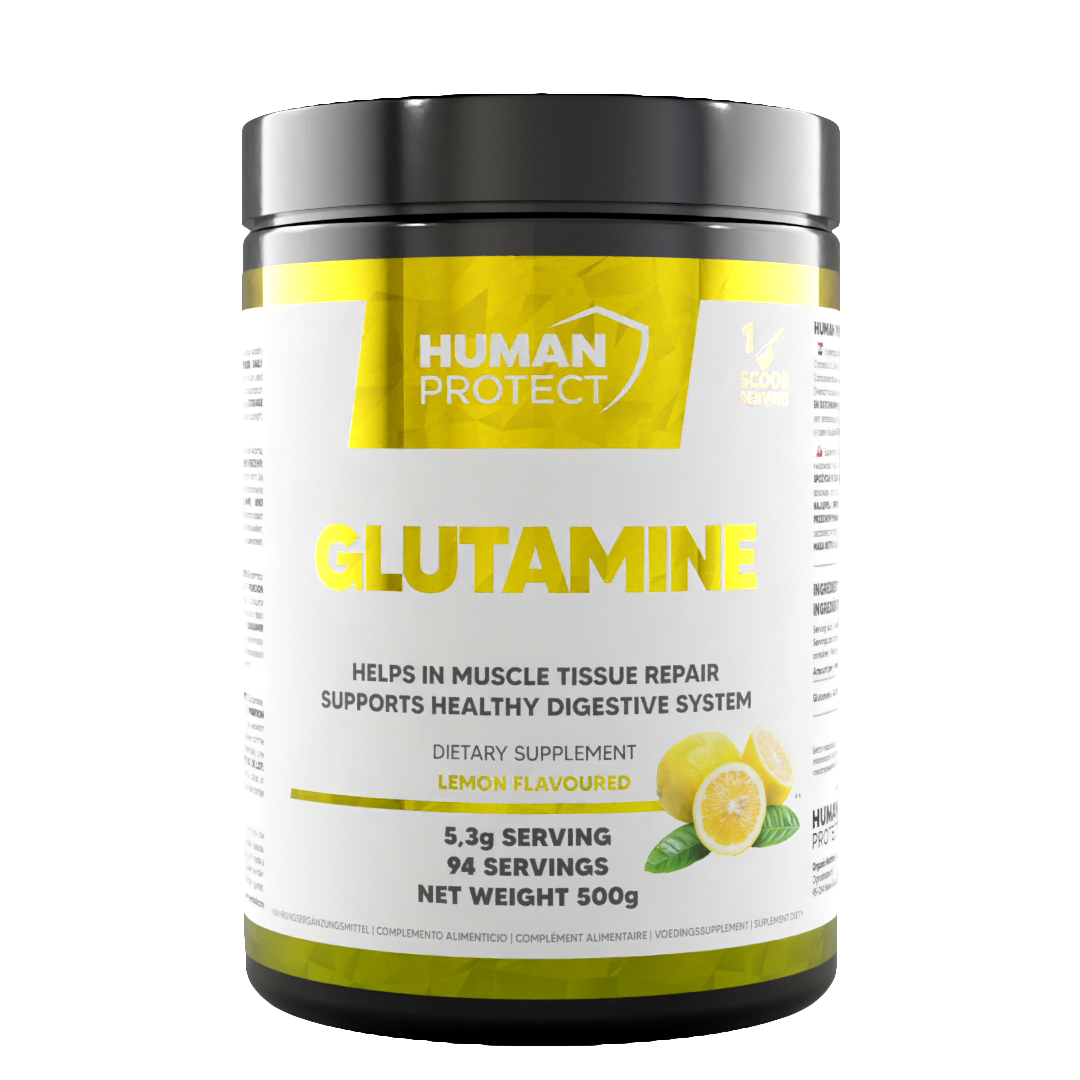 Glutamin-Dose 500 g mit Aufdruck „GLUTAMINE“ und Zitronen-Aroma
