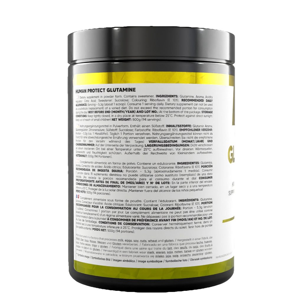 Glutamine Lemon jar back label with recommended daily amount and storage text