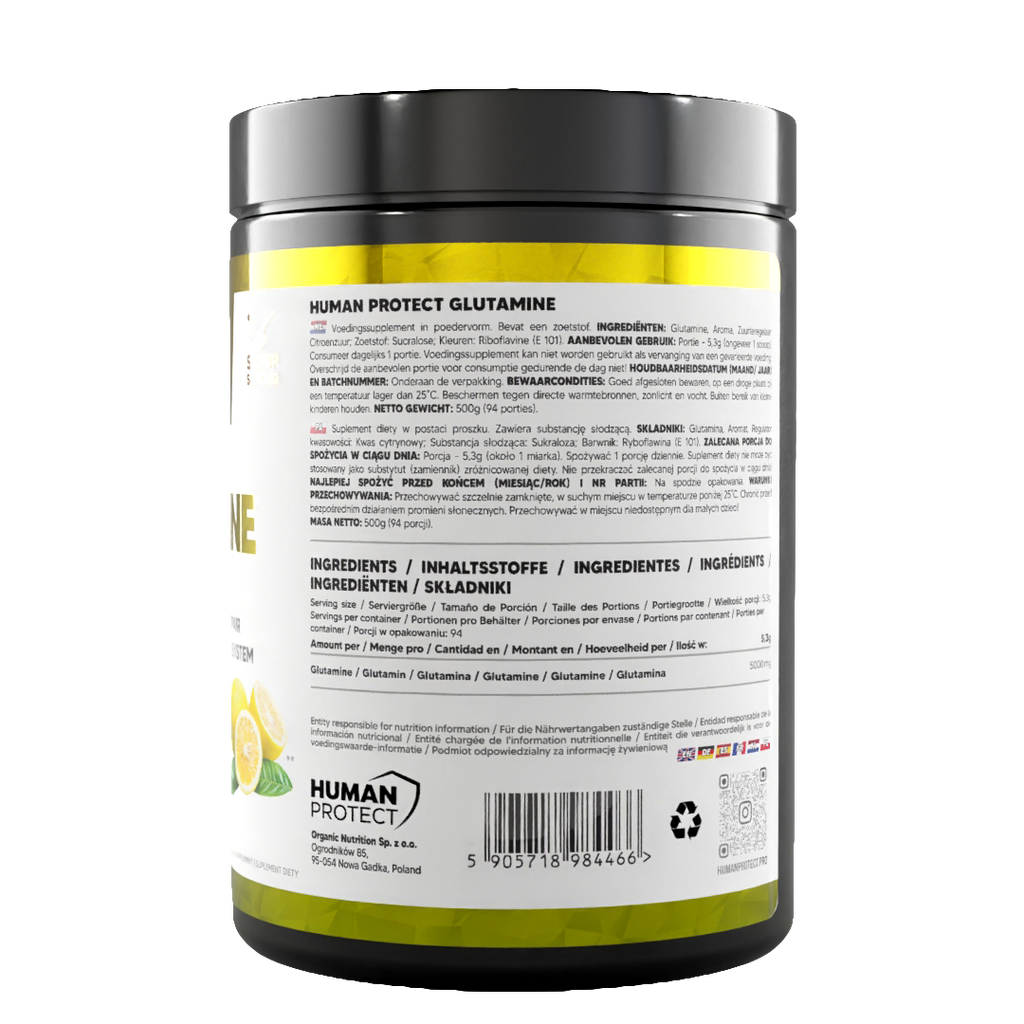 Glutamin-Dose 500 g, Etikett mit Zutatenabschnitt und Portionsangaben