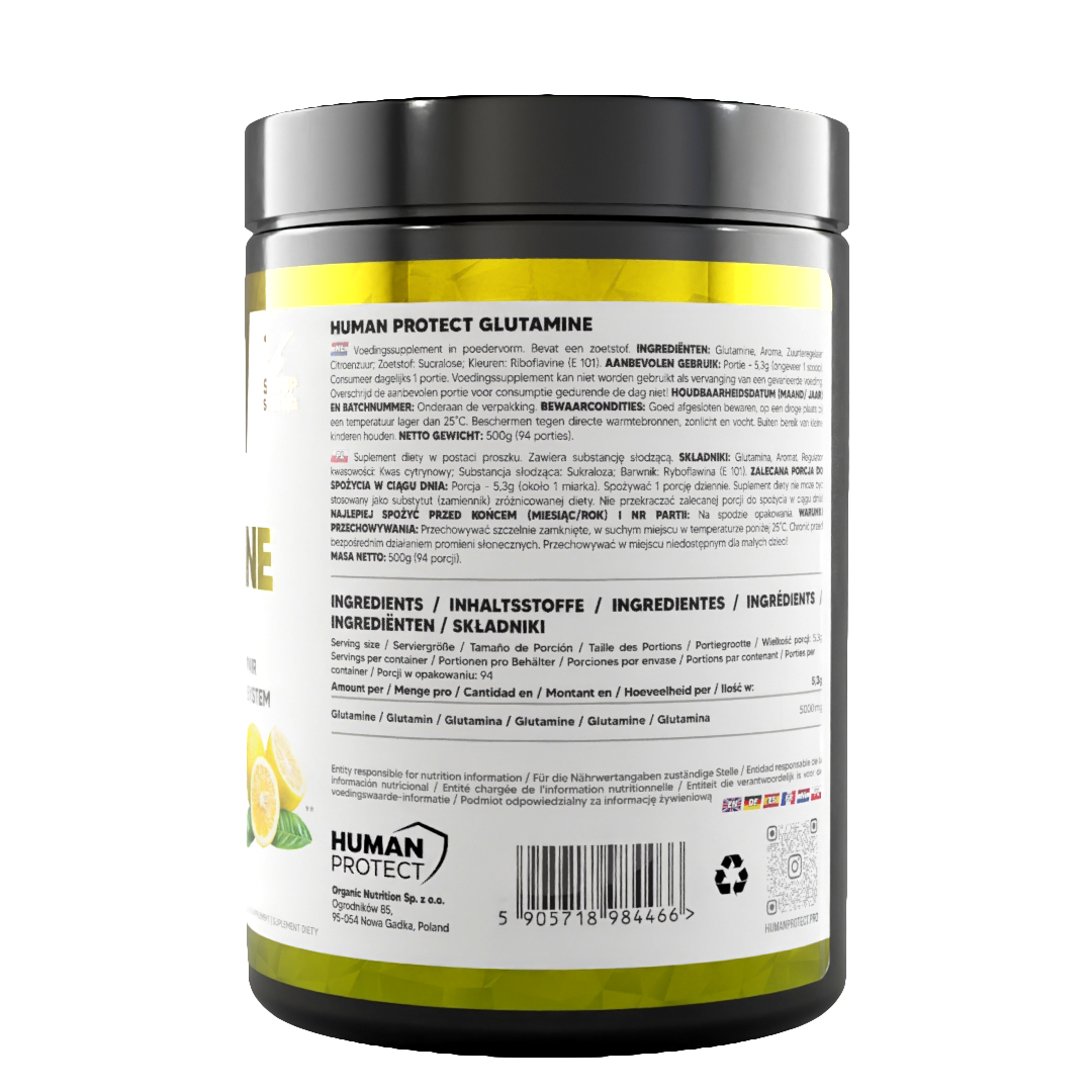 Glutamin-Dose 500 g, Etikett mit Zutatenabschnitt und Portionsangaben