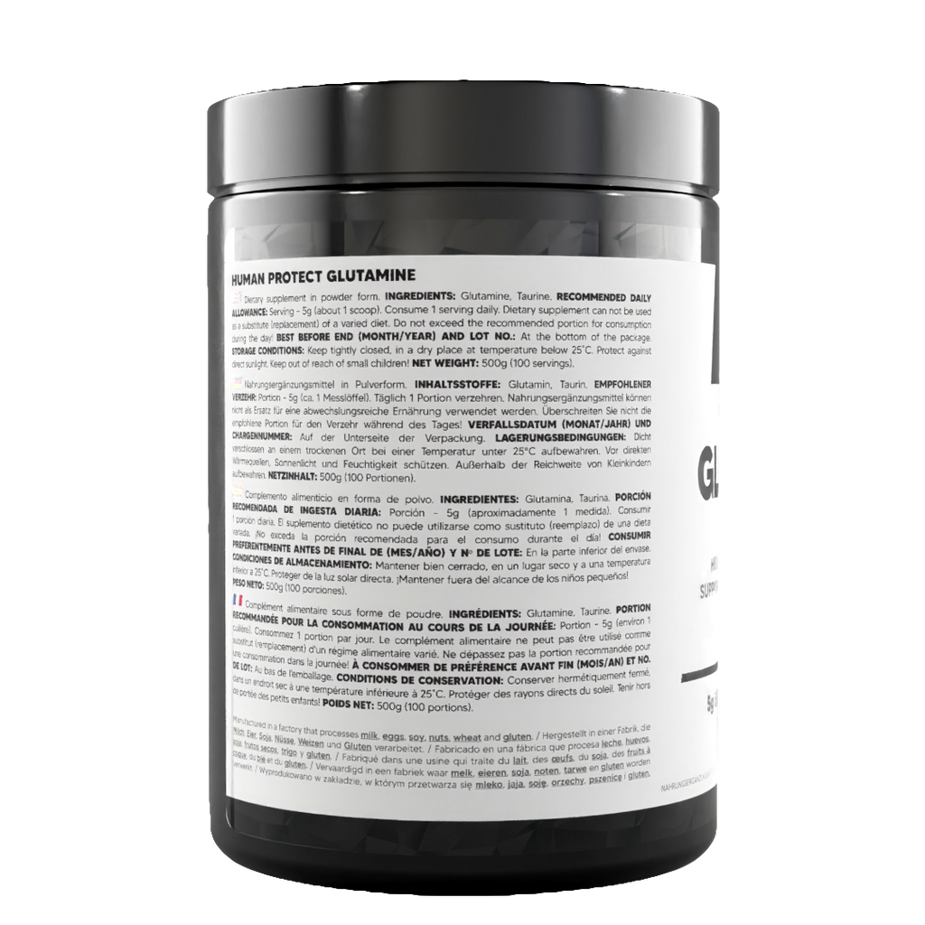 Glutamine supplement tub, green apple flavor, 500 g jar with ingredient directions