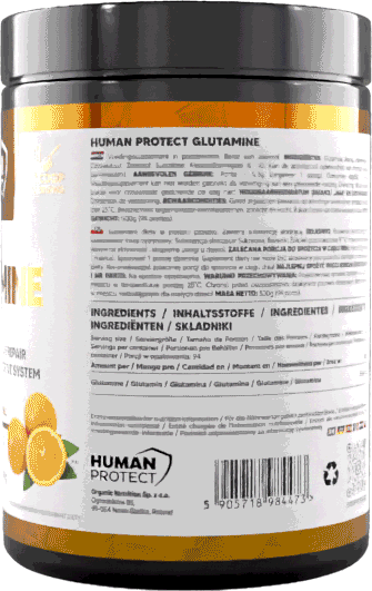 Glutamin-Dose 500 g, Rücketikett mit Zutatenliste und Barcode