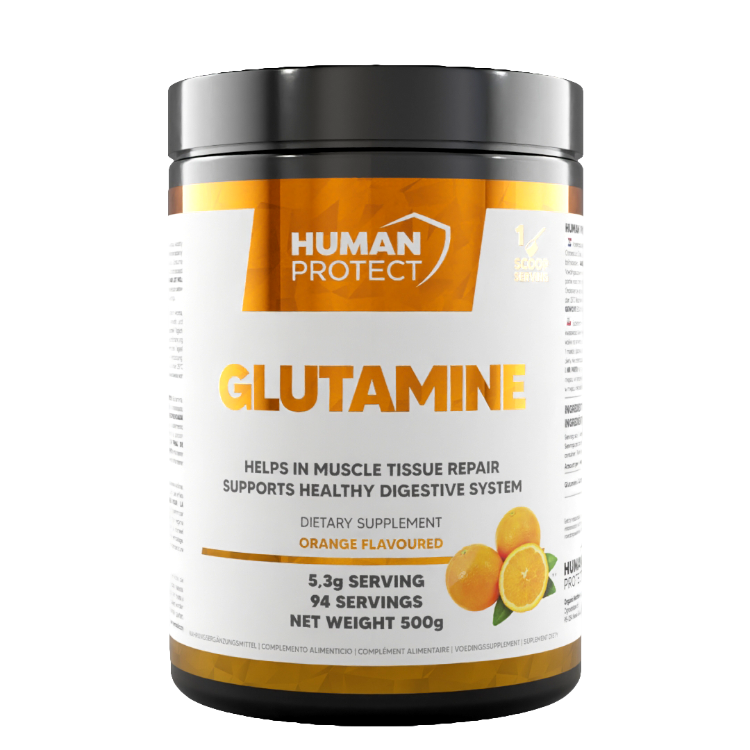 Glutamine supplement jar front label, orange flavoured, net weight 500 g