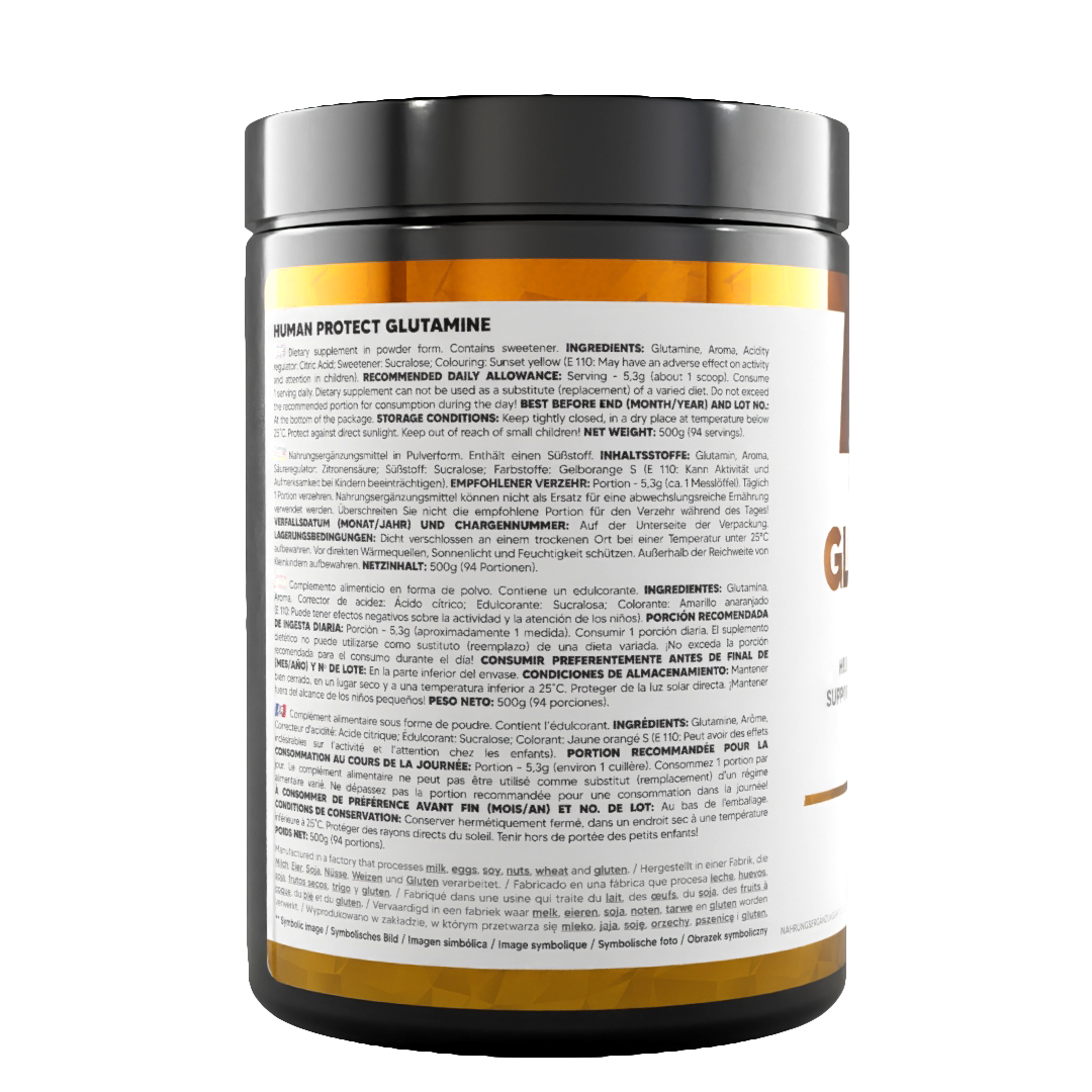 Glutamine Orange jar back label with usage directions and storage info