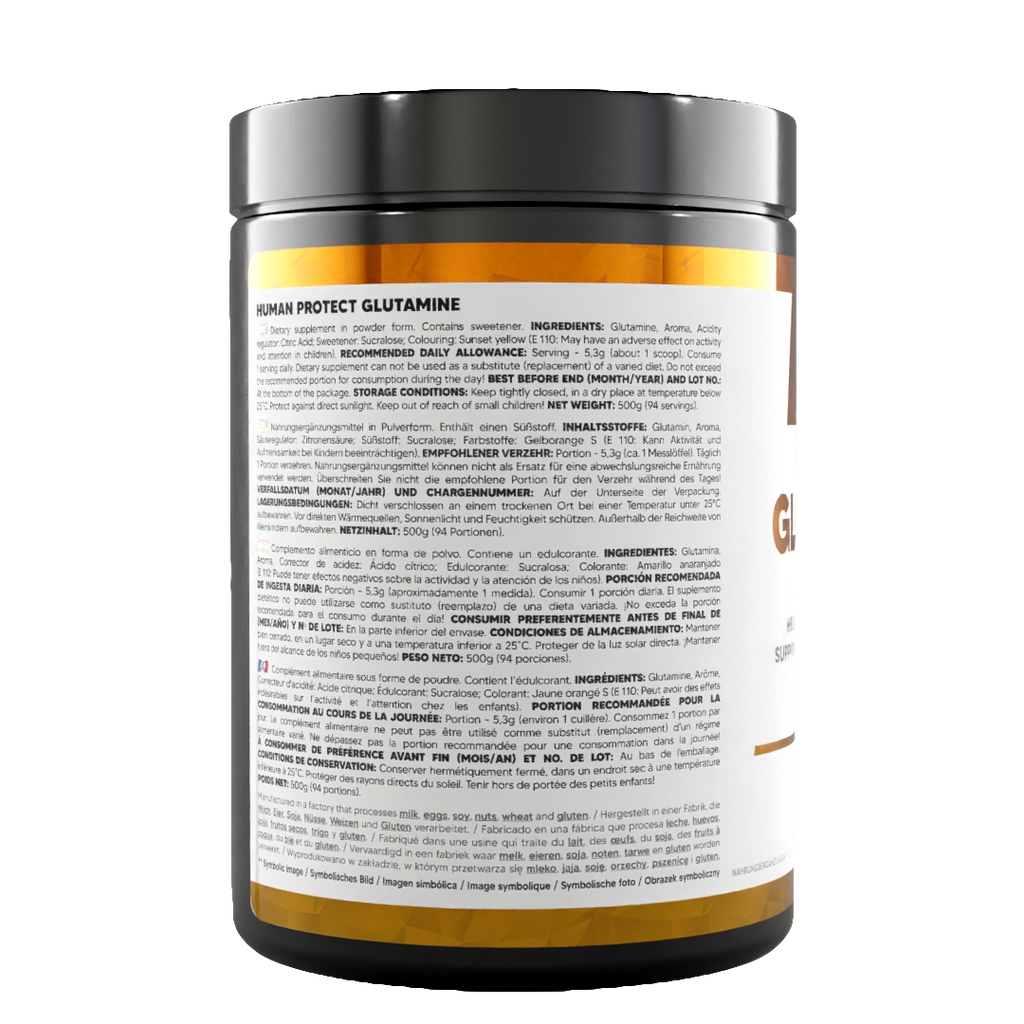 Glutamin-Dose 500 g, Rückseite mit Empfehlung zur täglichen Einnahme