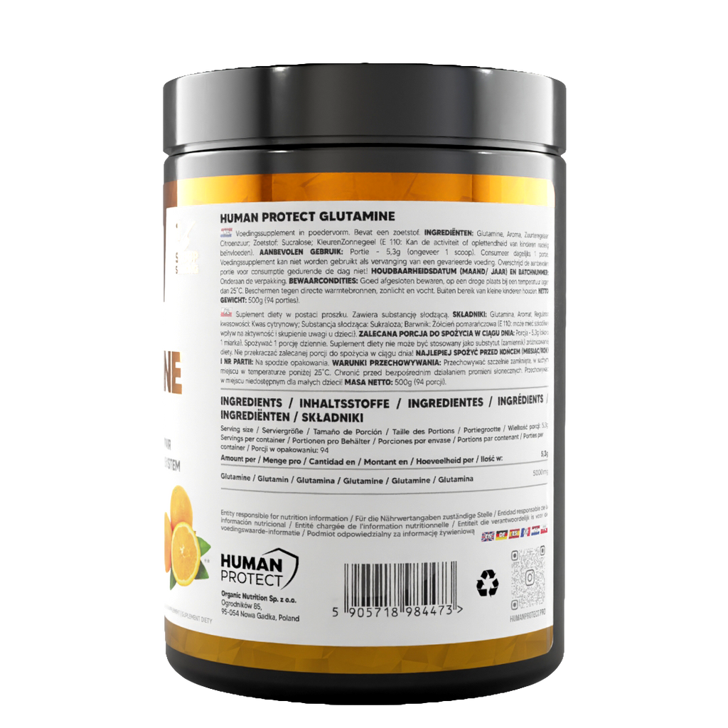 Glutamine supplement jar back label with ingredients, serving info and barcode